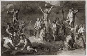 Royaumont Bibeln, Nya testamentet: Jesu Kristi korsfästelse. Jungfru Maria, Sankta Maria Magdalena och Sankt Johannes vid foten av korset, Sankt Longin centurion (Saint Longinus) med sitt spjut, soldater som spelar Kristi tunika. På sidorna, repr av Unknown artist