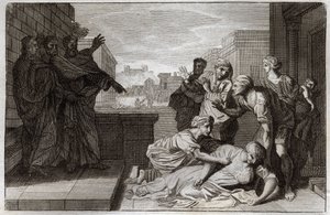 Royaumont Bibeln, Nya testamentet: Ananias och hans hustru Safirs död före St. Peter och St. John. Illustration från 1811. av Unknown artist
