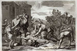 Royaumont Bibeln, Nya testamentet: St Stephens, första kristna martyrs död, genom stening. Illustration från 1811. av Unknown artist