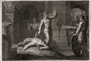 Royaumont Bibeln, Nya testamentet: Dekollering av Johannes Döparen. Man lägger huvudet på en platå. Illustration från 1811. av Unknown artist