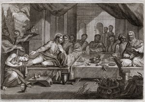 Royaumont Bibeln, Nya testamentet: Middag hos fariséen Simon. Maria Magdalena gick för att gråta vid Jesu Kristi fötter hos farisén Simon och fick förlåtelse för sina synder. Hon smörjer Kristi fötter med salva och torkar dem med håret. Il av Unknown artist