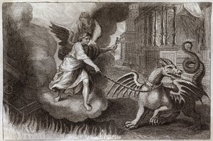Royaumont Bibeln, Nya testamentet: Dragon Chains. Uppenbarelsens drake, symbol för djävulen, är kedjad av en ängel som håller nyckeln till abime. Illustration från 1811. av Unknown artist