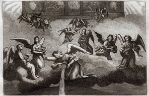 Royaumont Bibeln, Nya testamentet: Uppenbarelsens drake. Sju änglar häller ut innehållet i sin bägare, symbol för Guds vrede, på jorden. Illustration från 1811. av Unknown artist