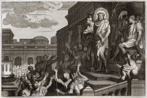 Royaumont Bibeln, Nya testamentet: Ecce homo. Pontius Pilatus (Pontius Pilatus) presenterar Jesus Kristus med törnen för folkmassan och säger: "Här är mannen". Illustration från 1811. av Unknown artist