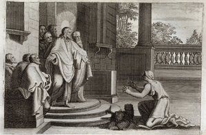 Royaumont Bibeln, Nya testamentet: Jesus Kristus och Kanaans hustru (Kananen eller den främmande kvinnan). En bonde ber Herren om hjälp att bota sin dotter. Kristus svarade honom: "Jag var bara sänd till de förlorade fåren av Israels hus." Illustration frå av Unknown artist