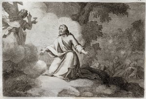 Royaumont Bibeln, Nya testamentet: Jesus Kristus i trädgården (bön på Oljeberget). En ängel som håller i en kalk visar sig för Jesus. Peters, Johannes och Jakobs apoters sover. Illustration från 1811. av Unknown artist