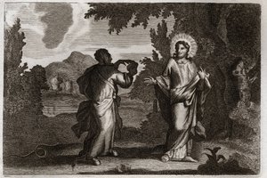 Royaumont Bibeln, Nya testamentet: Jesus Kristus i öknen. Jesus drivs ut i öknen. Han unga fyrtio dagar och fyrtio nätter. Han frestas av demonen som uppmanar honom att förvandla stenar till bröd. Illustration från 1811. av Unknown artist