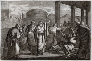 Royaumont Bibeln, Nya testamentet: Lame gueri. Saint Paul krigar en halt och arresterar ett folk som ville offra till honom som en Gud. Illustration från 1811. av Unknown artist