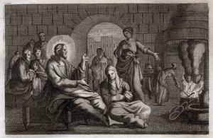 Royaumont Bibeln, Nya testamentet: Marta och Maria. Jesus Kristus går in i Martas hus, som skyndar sig att ta emot honom medan hans syster, Maria av Betania, hör hans ord. Illustration från 1811. av Unknown artist