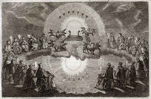 Royaumont Bibeln, Nya testamentet: Öppna himlen. En trone dyker upp omgiven av ett lejon, en oxe, en man och en örn (tetramorf) och sju lampor. Tjugofyra gamla människor som sitter på troner omger denna vision. Illustration från 1811. av Unknown artist