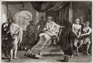 Royaumont Bibeln, Nya testamentet: liknelsen om talangerna. En mästare straffar en av sina tjänare som gömde pengarna han gav honom. Illustration från 1811. av Unknown artist