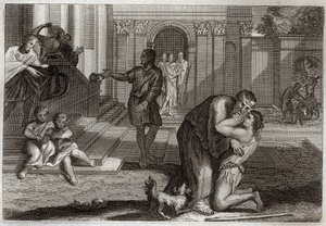 Royaumont Bibeln, Nya testamentet: liknelsen om det förlorade barnet. Sonen återvänder hem efter att han lämnat och förlorat alla sina ägodelar. Han kommer för att be sin far om förlåtelse. Illustration från 1811. av Unknown artist