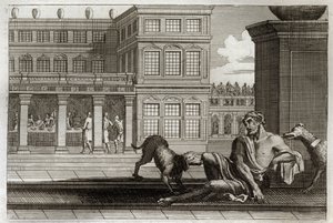 Royaumont Bibeln, Nya testamentet: Liknelsen om de onda rika representerar vid bordet i ryggen och Lazarus tiggaren, vars hundar av de rika slickar såren. Illustration från 1811. av Unknown artist