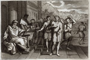 Royaumont Bibeln, Nya testamentet: Liknelse om vinarbetare eller liknelse om arbetare i elfte timmen. Arbetare som familjens fader skickar för att arbeta i sin vingård. Illustration från 1811. av Unknown artist