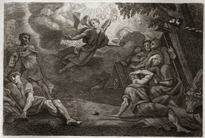 Royaumont Bibeln, Nya testamentet: Pastors at the Crech. En ängel tillkännager Jesu Kristi födelse för pastorerna (Bekännelse till herdarna). Illustration från 1811. av Unknown artist