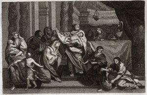 Royaumont Bibeln, Nya testamentet: Rening av jungfrun eller presentation i templet. Den heliga familjen erbjuder Jesus Kristus till templet och ger det till Symeon (eller Simeon eller Simon). En kvinna håller två duvor i en korg. Illustration från 1811. av Unknown artist