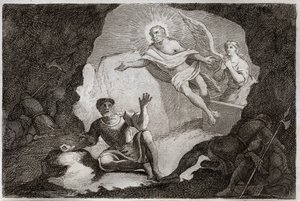 Royaumont Bibeln, Nya testamentet: Uppståndelse. Jesus Kristus reser sig från sin grav under vördnad för de romerska soldaterna som hade somnat. Illustration från 1811 (gravyr) av Unknown artist