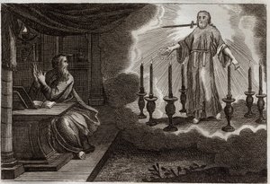 Royaumont Bibeln, Nya testamentet: Johannes uppenbarelser i uppenbarelseboken. Jesus Kristus visar sig i Johannes Johannes mellan sju gyllene ljusstakar, med sju stjärnor i hans högra hand och ett svärd som kommer ut ur hans mun. Illustration från 1811. av Unknown artist