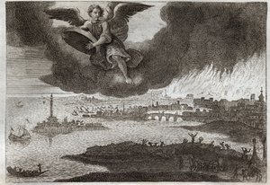 Royaumont Bibeln, Nya testamentet: Ruin av Babylon. Babylon i brand, en ängel kastar en sten mot havet, som symboliserar förstörelsen av denna stad under uppenbarelsen. Illustration från 1811. av Unknown artist