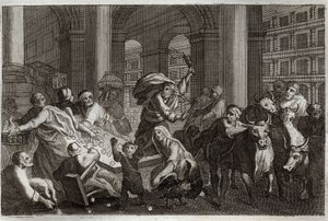 Royaumont Bibeln, Nya testamentet: Säljare jagar från templet. Jesus Kristus driver bort från templet de som vanhelgade honom genom trafiken de ägnade sig åt där. Illustration från 1811. av Unknown artist