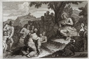 Royaumont Bibeln, Nya testamentet: Predikan på berget. Jesus Kristus väljer ut tolv Apoters av sina lärjungar och gör inför dem och inför ett stort folk predikan, som brukar kallas Bergspredikan. Illustration från 1811. av Unknown artist