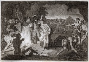 Royaumont Bibeln, Nya testamentet: St Pauls förlisning. Han har blivit biten med en huggorm utan någon skada. Illustration från 1811. av Unknown artist