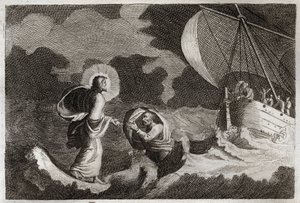 Royaumont Bibeln, Nya testamentet: St Peter går på vattnet. Jesus Kristus går på havet och får Sankt Peter att gå dit. Illustration från 1811. av Unknown artist
