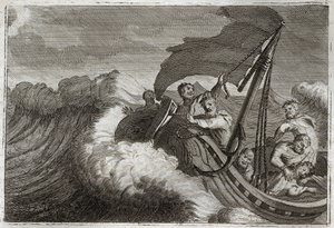 Royaumont Bibeln, Nya testamentet: Tempete lugnade. Apoters är överraskade av en storm väckte Jesus Kristus som sov i deras skepp, och han lugnar också ner Galileiska sjön. Illustration från 1811. av Unknown artist