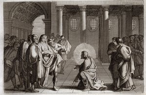 Royaumont Bibeln, Nya testamentet: Den äktenskapliga kvinnan. Jesus Kristus lurar sig själv från de fällor som judarna lade över honom, och frågar honom vad man ska göra av en kvinna som grips i äktenskapsbrott, och säger: "Låt den av dig som är utan synd  av Unknown artist