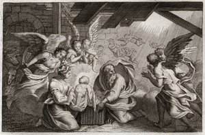 Royaumont Bibeln, Nya testamentet: Födelsekyrkan. Jesus Kristus föddes från den heliga jungfru Maria i ett stall i Betleem. Illustration från 1811. av Unknown artist