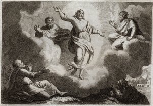 Royaumont Bibeln, Nya testamentet: Jesu Kristi förvandling. Kristus omger Mose och Elia med nedan aposteln Sankt Johannes, Petrus och Jakob. Illustration från 1811. av Unknown artist