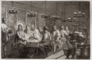 Royaumont Bibeln, Nya testamentet: Bröllopet i Kana. Jesu Kristi första mirakel som förvandlade vatten till vin. Illustration från 1811. av Unknown artist