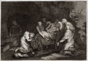 Royaumont Bibeln, Nya testamentet: Grav. Jesu Kristi grav. Bland karaktärerna som omger Jesu Kristi kropp: Jungfru Maria, Saint Nikodema, Saint Joseph of Arimathia, Saint John the Evangelist och Saint Mary Magdalena. Illustration från 18 av Unknown artist