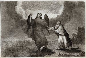 Royaumont Bibeln, Nya testamentet: Vision av Sankt Johannes. Vision of the Angel med en öppen bok ger Saint John att sluka honom. Illustration från 1811. av Unknown artist