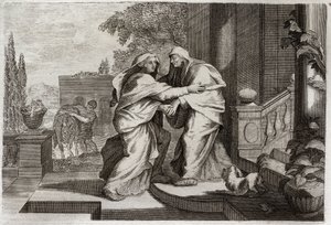 Royaumont Bibeln, Nya testamentet: Besök. Jungfru Maria besöker sin kusin Elisabeth. Illustration från 1811. av Unknown artist