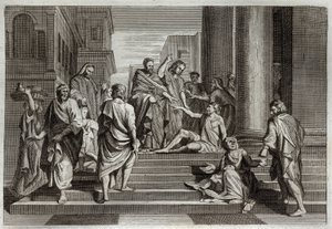 Royaumont Bibeln, Nya testamentet: De lamas krig. Sankt Peter, tillsammans med Johannes, krigade mirakulöst mot en halt man i Jerusalem. Illustration från 1811. av Unknown artist