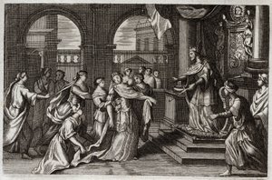 Royaumont Bibeln, Gamla testamentet: Ester kommer att presentera sig inför kung Xerxes I (Assuerus I), i avsikt att rädda sitt folk från döden som hotade honom. Illustration från 1811. av Unknown artist