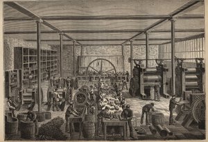 Gummi: gummifabrik. Gravyr från 1885 i "" Les arts et metiers illustres"" av Adolphe BITARD. av Unknown artist