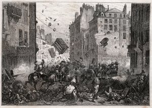 Rue Saint-Antoine under Trois-Glorieuses (juli 1830) - Revolutionen av 1830 års barrikadstrider på Rue Saint-Antoine (Saint Antoine) 1830 av Unknown artist
