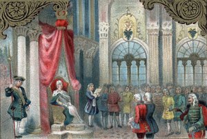 Rysslands moderniseringspolitik: Katarina II av Ryssland (1729-1796) förkunnar omorganisationen av det ryska imperiet. År 1785 gav det mycket mer makt och rättigheter till imperiets adelsmän. Sen kromolitografi av 1800-talet. av Unknown artist