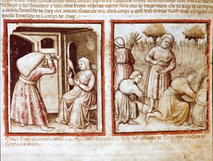 Ruth och Noemi (Naomi, Noemie) arbetar i Boaz (Booz) fält Miniatyr från codex 212 (eller padovano codex eller Bible of Padua) 1390-1400 Rovigo, Accademia dei Concordi av Unknown artist