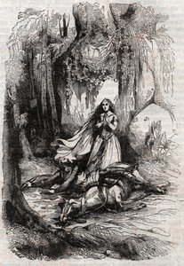 Sacripant (Sacrificer) desarconne i närvaro av Angelica (Angelica) - gravyr från 1851 från "" Roland furieux"" (1500-talet) av Ludovico Ariosto, känd som Ariosta - Upplaga översatt från italienska av greven av Tressan och p. av Unknown artist