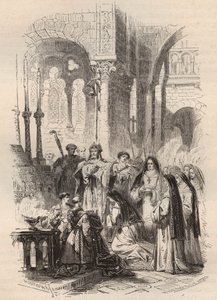 Segling av Saint Cunegonde av Luxemburg (ca 975-1033/1039) år 1024, överlämnad av eveque av Paderborn Meinwerk (ca. 975-1036) i Benediktinerklostret Kaufungen i Tyskland. Gravyr från 1868 i "Histoire de Belgique från primitiv tid till av Unknown artist