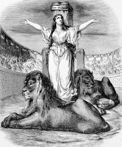Saint Blandine, ung kristen slav, martyrdöd i lejonring i Lyon 177, gravyr av Unknown artist