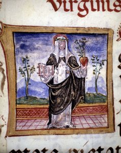 Saint Catherine of Siena (1347 - 1380) håller en bok och ett hjärta, miniatyr av 1400-talet. av Unknown artist