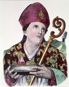 Saint Gennaro eller Saint Janvier, beskyddare av staden Neapel, håller i sina händer ampullen som innehåller hans blod. Färgat populärt tryck från 1800-talet. av Unknown artist