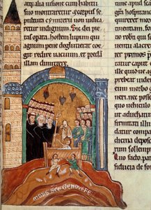 Saint Hugues de Cluny (1024-1109), Abbe av Cluny, räddar en död man i Paris. Miniatyr hämtad från en historisk och liturgisk samling av Unknown artist