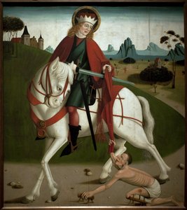 Sankt Martin och tiggaren. Han klippte av sin rock för att ge den till en tiggare. anonym målning, omkring 1490. Magyar Nemzeti Galleria, Budapest, Ungern. av Unknown artist