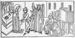 Sankt Matteus. Gravyr ur "De heligas liv - sommardelen" (Helgonets bok) av Jacobus (James) från Voragine (1228-1298). Lübeck 1488. av Unknown artist