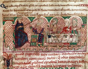 Saint Maur (512-584) grundare av klostret Flanfeuil (Saint Maur) i Anjou tas emot vid bordet av Gaidulfe av Ravenna, munkarnas förföljare och straffar honom Miniature from Life and Miracles of Saint Maur” (ms 2273) 1100-1140 Kommunbibliotek av Unknown artist